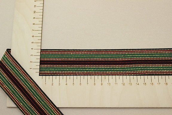 Лента тканая для поясов, 40мм Красно-желтая с зеленым строчка на черном
