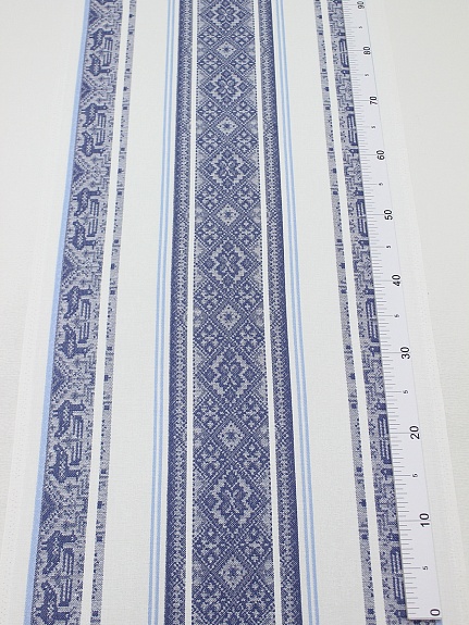 Холст полотенечный жаккард "Джинсово-синяя вышивка на белом с голубым ", ш.0.5м, лен-30%, хл-70%