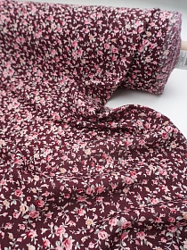Лен с вискозой (Digital) "Мелкие розовые букеты на т.вишнево-коричневом", ш.1.35м, лен-70%, вискоза-30%, 180гр/м.кв