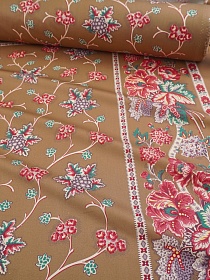 Импортный хлопок платок "Есения" с узорным купоном, цв.коричнево-горчичный, ш.1.45м, хл-100%, раппорт 1.0м