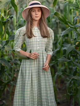 Очаровательное платье с укороченным рукавом из вареного (стираного) хлопка "Клетка"