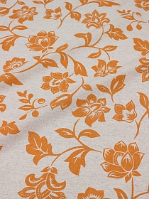Полулен "Оранжевые цветы" (на т.суровом), ш.1.5м, лен-30%, хлопок-70%, 147гр/м.кв