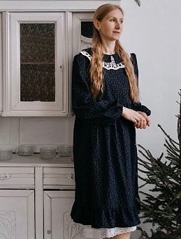 Платье из теплого хлопка "Мелкая ботаника" с кружевным воротником*