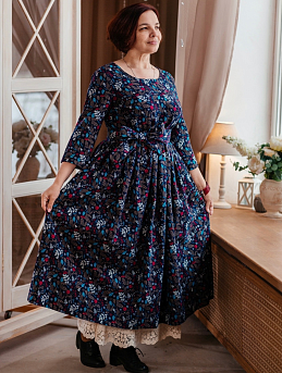 Платье с поясом из теплого хлопка  "Магия трав"