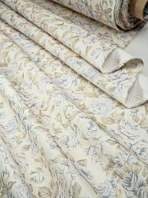 Микровельвет "Голубые пионы" цв.кремовый, ш.1.5м, хлопок-100%, 135гр/м.кв