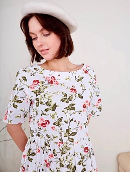 Платье из полульна "Плетистая розочка на белом"