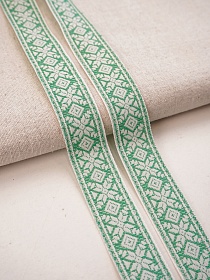 Жак.лента 24мм Снежинка-орнамент (цв.мятно-зеленый) на белом, рис.9451/3