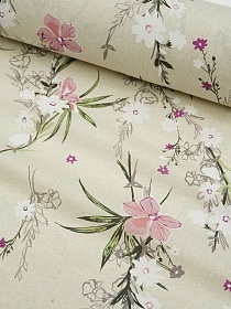 Мерный лоскут Полулен "Орхидеи - розовые цветы" (на суровом), ш.1.5м, лен-30%, хлопок-70%, 140гр/м.кв