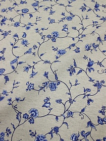 Полулен "Синий цветочный вьюнок" (на т.суровом), ш.1.5м, лен-30%, хлопок-70%, 140гр/м.кв