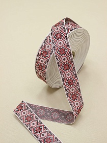 Жак.лента 32мм Красно-черные снежинки-ромбики на белом, рис.9516/12