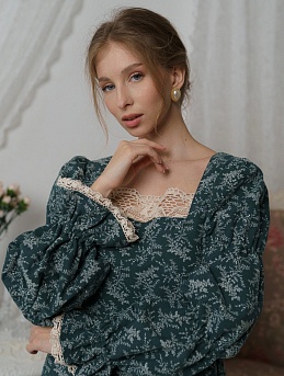 Платье из теплого хлопка "Осенние травы" в темно-можжевеловом цвете