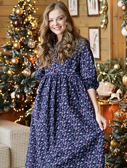 Платье из теплого хлопка "Земляничка на чернильно-синем"