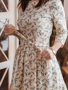 Женственное платье с поясом из плательного хлопка с микроворсом "Элиза"