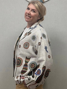 Жакет из рогожки "Этно-Кошки с одуванчиками по кайме"