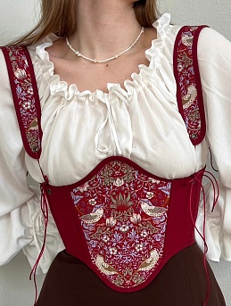 Корсет из интерьерного хлопка "Райские птички" в бордово-красном цвете