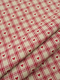 Пестрядь "Сердечки - клетка" цв.бежевый, ш.1.45м, хлопок-100%, 170гр/м.кв
