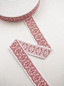 Лента тканая для поясов, 35мм Красный орнамент на белом