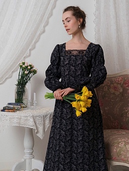 Платье из теплого хлопка "Осенние травы" в черном цвете