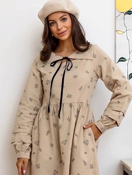 Платье из теплого хлопка "Сухоцветы"в бежевом цвете
