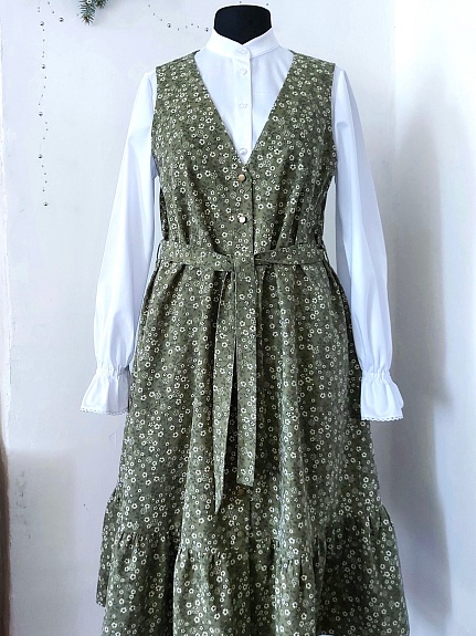 Сарафан из теплого хлопка "Нелли" в болотно-зеленом цвете