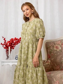 Платье из муслина "Веточки ромашки на т.фисташковом"