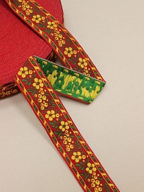 Жак.лента 33мм Желтые ягодки-цветочки на темно-красном, рис.9448/2