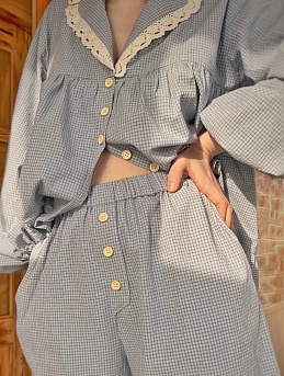 Пижама из вареного хлопка "Мелкая двойная клетка" в серо-кофейном цвете